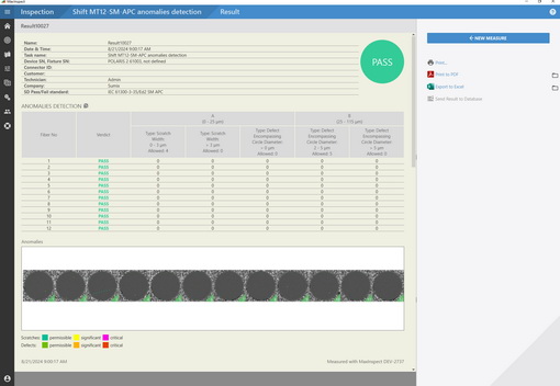 Pass/Fail Report for an MT12 SM Ferrule